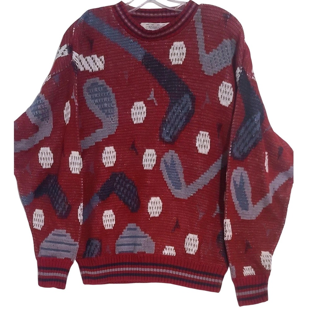 Crossings Vintage Golf Sweater Men's Size M‎ Red All Over Print Long Sleeve